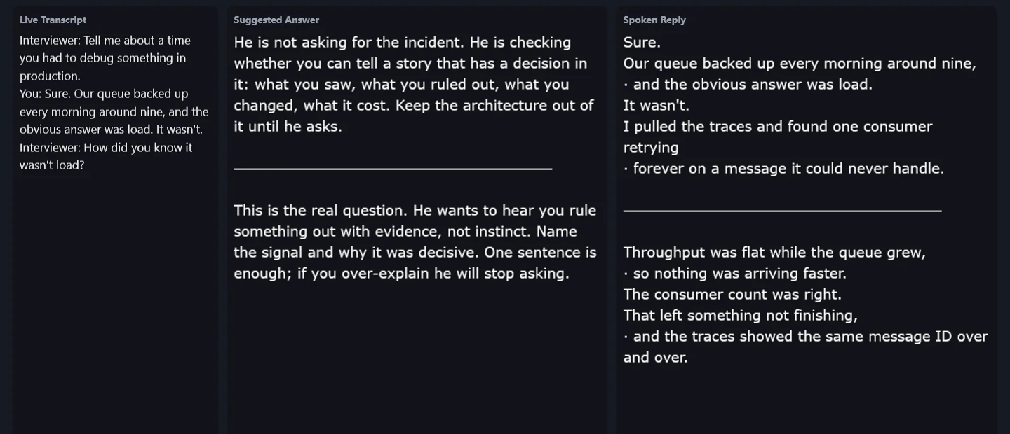 Three panes: a transcript of a mock interview, a note on what the question is testing, and a spoken reply laid out one breath per line.