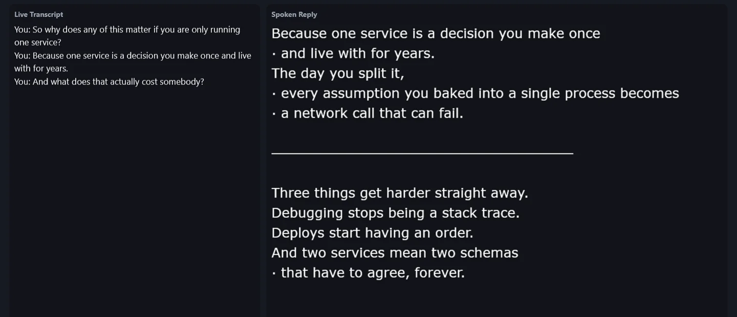 A transcript of one voice beside a spoken reply laid out in breath groups.